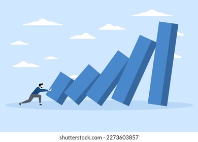 Small habits to change or increase productivity, entrepreneurs push small dominoes to make one bigger downfall. efficiency or improvement, a way to win business success or make a big impact concept.