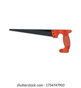 Small hacksaw. Tool for cutting wooden workpieces. Hand tool. Construction works. The saw has a red handle. Vector isolated image.
