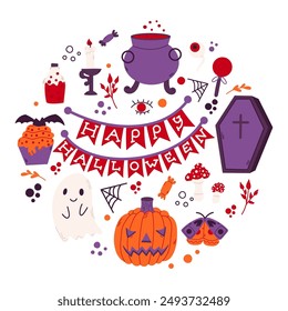 
Small Halloween collection. Jack's lamp, coffin, grave, ghost, witch's hat and broom, potion, cauldron.
