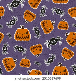 Small halloween pumpkins and spiders isolated on blue lilac background. Cute seamless pattern. Vector simple flat graphic hand drawn illustration. Texture.