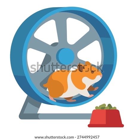 Small hamster running in a blue exercise wheel with a red food bowl nearby, cute rodent pet activity