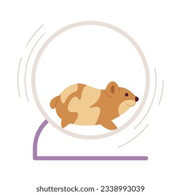 Kleiner Hamster, der auf dem Rad halbflachen Farbvektorobjekt läuft. Rutschtier. Bearbeitbare Cartoon-Clipart-Symbol auf weißem Hintergrund. Einfache Spot-Illustration für Web-Grafikdesign