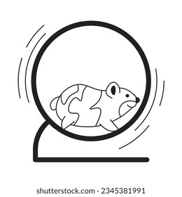 Small hamster running on wheel monochrome flat vector object. Cute pet. Editable black and white thin line icon. Simple cartoon clip art spot illustration for web graphic design