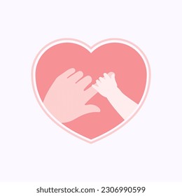 Small hand of baby holding big index finger of mother's hand  in pink heart shaped frame flat design