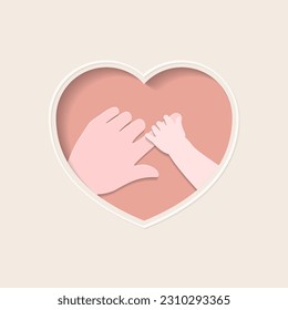 Small hand of baby holding big index finger of mother's hand in pink heart shaped frame paper cutting art