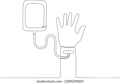 A small hand is donating blood. World blood donor day one-line drawing