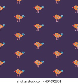 Small hand drawn bird seamless pattern on a violet background. The cartoon bird with a big beak. Vector illustration