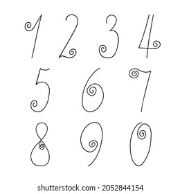 Pequeños números negros dibujados a mano de uno a cero en la ilustración del vector del contorno del doodle, símbolos de matemáticas caligráficas, letras de contorno graciosas y graciosas