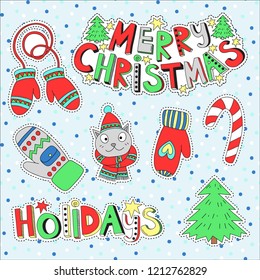 Small hand drawn collection of winter and holidays stickers, pins and symbols. Colorful vector Christmas illustrations on light blue winter background.