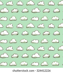 Small hand drawn  fair weather clouds on mint background, seamless pattern, vector design 