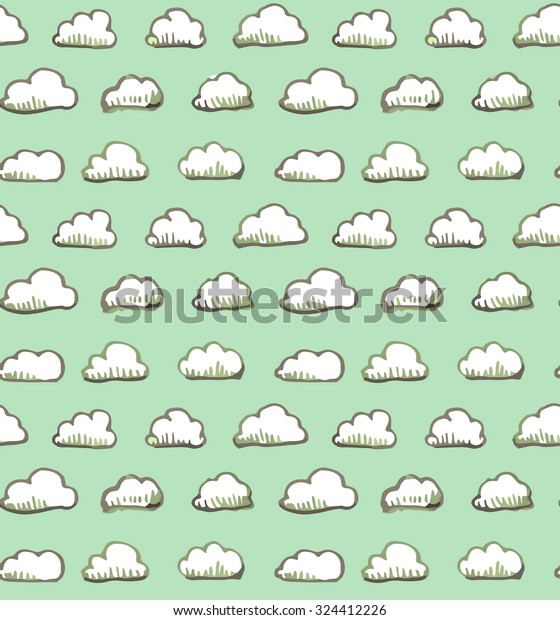 Small hand drawn  fair weather\
clouds on mint background, seamless pattern, vector design\
