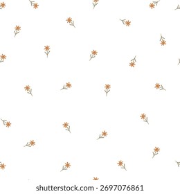 Pequenas flores desenhadas à mão sobre fundo branco, padrão sem costura.