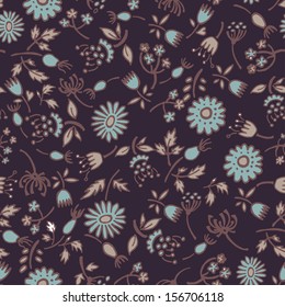 Small hand drawn forest flowers and berries seamless pattern in autumn tones. Floral endless background