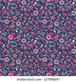 Small hand drawn forest flowers and berries seamless pattern in autumn tones. Floral folkloric endless background