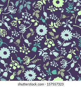 Small hand drawn forest flowers and berries seamless pattern in autumn tones. Floral endless background