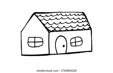 Small hand drawn house, doodle illustration. Relaxing art therapy. Simple building isolated on white background