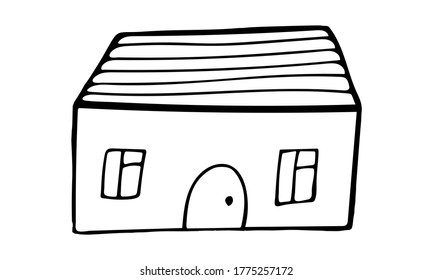 Pequeña casa dibujada a mano, ilustración del doodle. La relajante terapia artística. Edificio sencillo aislado en un fondo blanco