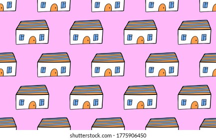Small hand drawn house, doodle illustration. Seamless pattern with simple building on pink background
