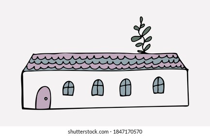Pequeña casa dibujada a mano, ilustración del doodle. La relajante terapia artística. Edificio sencillo aislado en un fondo blanco