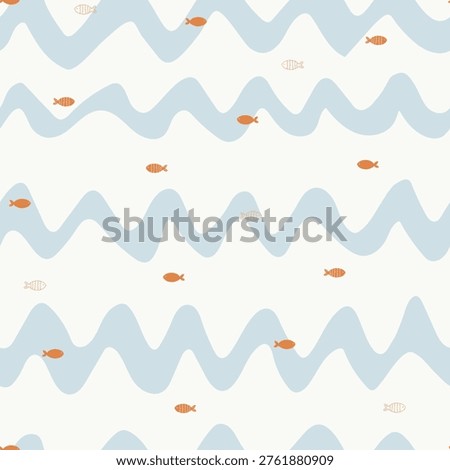 Small hand drawn red fishes and blue wave line on white backgrond. Vector illustration with sea animals, seamless pattern.