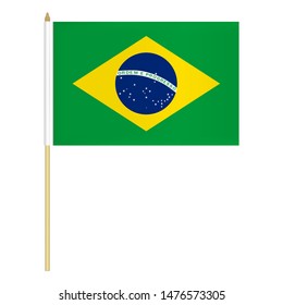 Small hand held Brazilian flag isolated on white background, vector illustration. Mini flag of Brazil on pole.