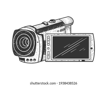 Small hand held camcorder sketch engraving vector illustration. T-shirt apparel print design. Scratch board imitation. Black and white hand drawn image.