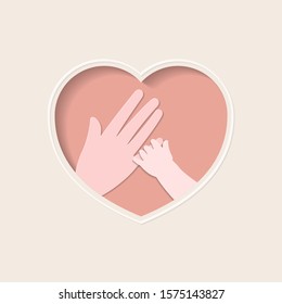 Small Hand Holding Finger Of Big Hand Represent Mother And Baby, In Pink Heart Shaped Frame Paper Art Greeting Card