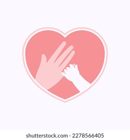 Small hand holding finger of big hand represent mother and baby, in pink heart shaped frame silhouette