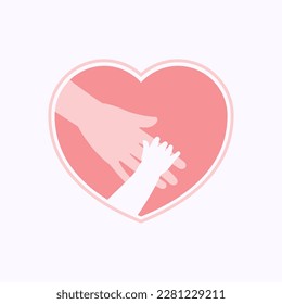 Small hand holding finger of big hand in pink heart shaped frame 