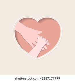 Small hand holding finger of big hand in pink heart shaped frame paper art