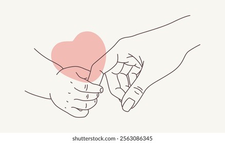 Small hand holding a larger one, symbolizing care, love, and trust, with abstract heart-shaped elements for emotional appeal. Minimalistic vector illustration