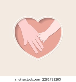 Small hand holding little finger of big hand in pink heart shaped frame paper art