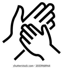 Icono de mano pequeña que aplaude una mano más grande, estilo de dibujo de línea de trazo, color blanco y negro.