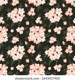 Small hand painted bouquets of light pink and peach flowers and green leaves on a black background forming a maximalist botanical pattern. Seamless vector pattern.Great for home decor, fabric, gifting