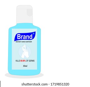 Small Hand sanitizer bottle with text on label. Packaging design. Advertising of hand sanitizer. Hand disinfectant. Personal hygiene. Illustration vector. Sanitizing container.
