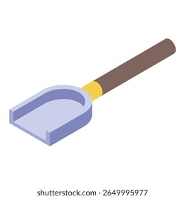 Small hand shovel with wooden handle is lying on white background, isometric view