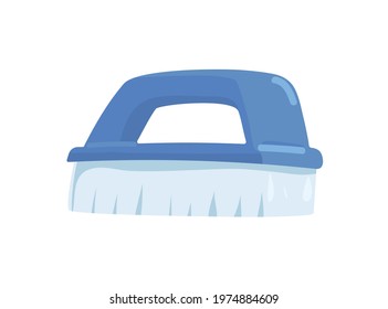 Small hand washing brush with handle and bristle. Manual cleaning tool for housework. Realistic household supply. Colored flat vector illustration isolated on white background