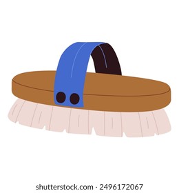 Small hand washing brush with handle and bristle. Manual cleaning tool for housework. Realistic household supply. Colored flat vector illustration isolated on white background