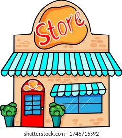 small hand-drawn shop  with a blue roof,vector illustration isolated on white background 