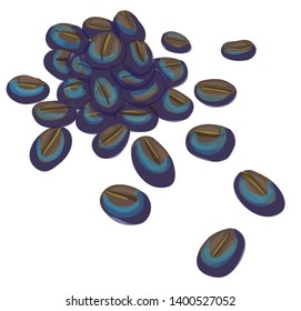 a small handful of roasted coffee beans with blue highlights scattered