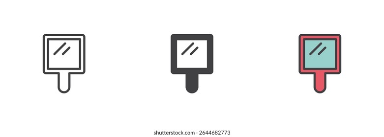 Small handheld mirror icon for grooming and styling, in outline, solid, and colorful filled outline styles. Vector barbershop icon symbol and personal care tool.