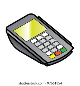 A small hand-held point of sale pin pad / terminal with card readers.