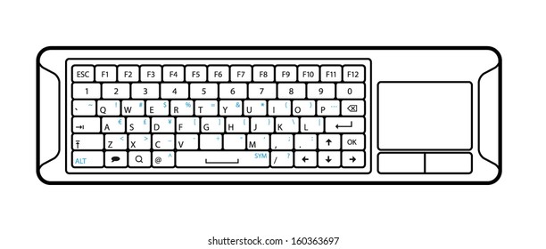 A small handheld wireless keyboard with a trackpad for a smart TV or games console. Line art version.