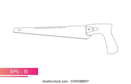 A small handy saw for a carpenter. Linear design. On a white background. Carpenter tools. Flat vector illustration.