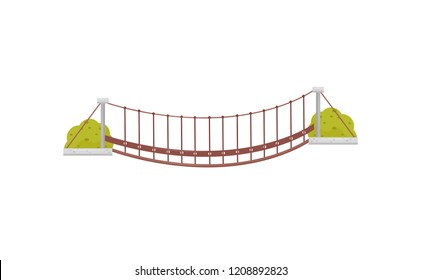 Small hanging wooden bridge and green bushes. Suspension footbridge. Flat vector element for mobile game