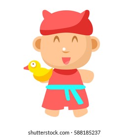Small Happy Baby Standing In Red Gown With Toy Duck Going To Take A Bath Vector Simple Illustrations With Cute Infant