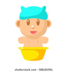 Small Happy Baby Taking Bath In Blue Bathing Hat Vector Simple Illustrations With Cute Infant