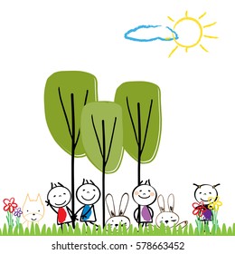 Small and happy children are playing outside.