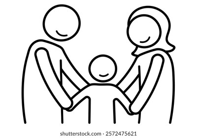 Small happy family. Parents with their child, outline illustration. Parenthood, couple, marriage.  