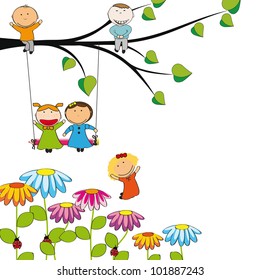 Small and happy kids  in colorful garden